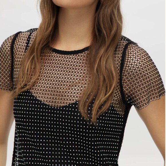 NEW Rachel Zoe Sheer Mesh Tee Adorned with All Over Rhinestones Womens M - Picture 15 of 16